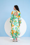 PRINTED HIGH LOW DRESS WITH FRILLED PUFF SLEEVES AND CONSTRUCTED YOKE