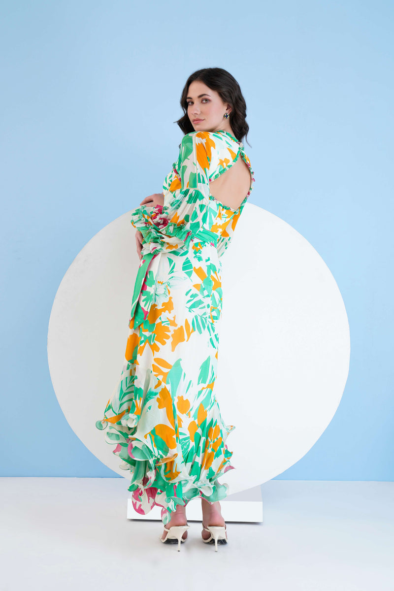 PRINTED HIGH LOW DRESS WITH FRILLED PUFF SLEEVES AND CONSTRUCTED YOKE