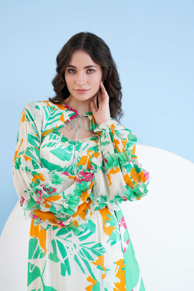 PRINTED HIGH LOW DRESS WITH FRILLED PUFF SLEEVES AND CONSTRUCTED YOKE