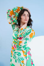 PRINTED HIGH LOW DRESS WITH FRILLED PUFF SLEEVES AND CONSTRUCTED YOKE