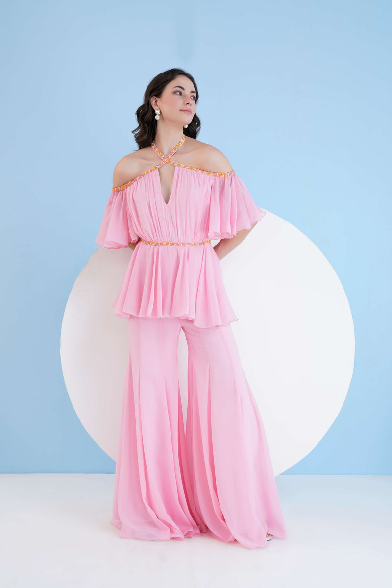 PINK EMBROIDERED CROSS NECK JUMPSUIT WITH FLARED SLEEVES