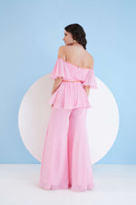 PINK EMBROIDERED CROSS NECK JUMPSUIT WITH FLARED SLEEVES