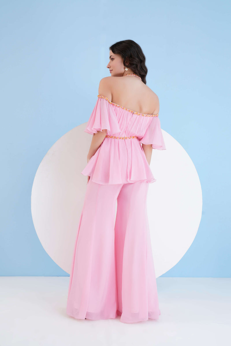 PINK EMBROIDERED CROSS NECK JUMPSUIT WITH FLARED SLEEVES