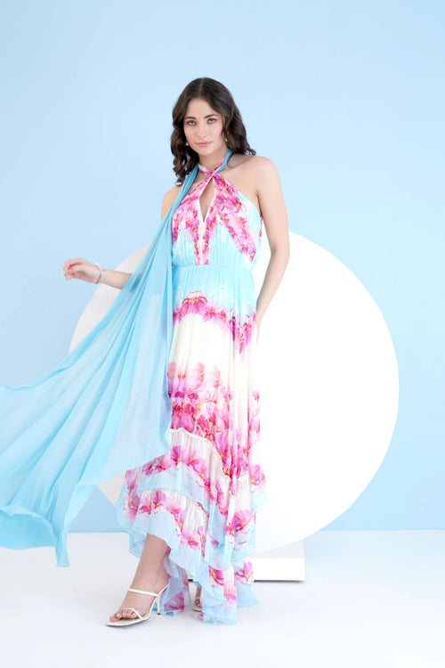 PINK DUNE PRINTED HIGH LOW DRESS WITH CROSS NECKLINE