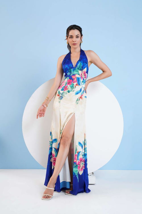 FLORAL EXPRESSION PRINTED HALTER NECK DRESS WITH SLIT