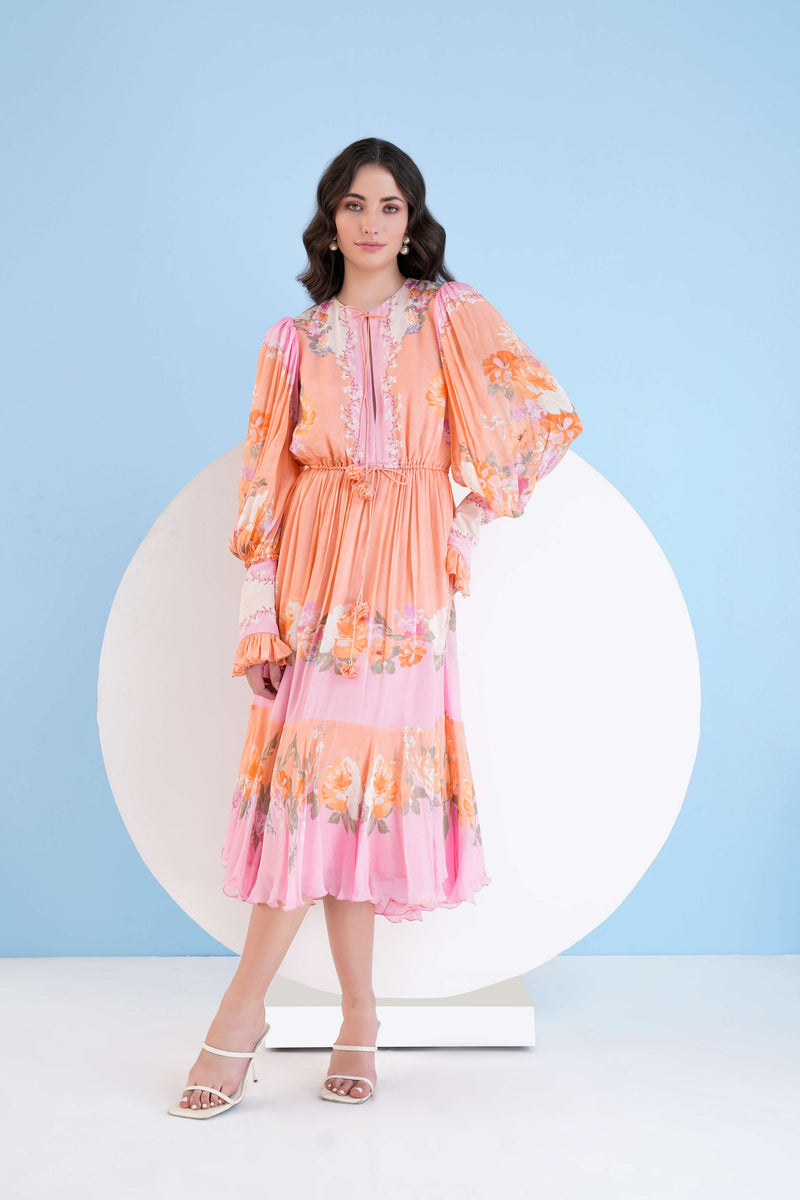 ORANGE CORSAGE PRINTED CALF LENGTH CHIFFON DRESS