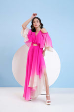 PINK OMBRE HIGH LOW DRESS WITH SHOULDER CUTOUT AND FLARED SLEEVE