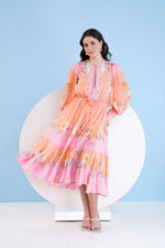 ORANGE CORSAGE PRINTED CALF LENGTH CHIFFON DRESS