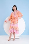 ORANGE CORSAGE PRINTED CALF LENGTH CHIFFON DRESS