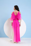 PINK OMBRE HIGH LOW DRESS WITH SHOULDER CUTOUT AND FLARED SLEEVE