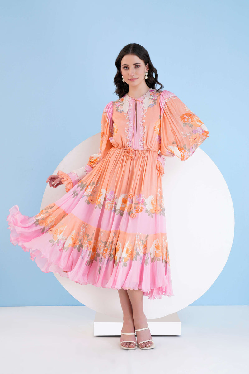 ORANGE CORSAGE PRINTED CALF LENGTH CHIFFON DRESS