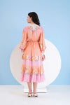 ORANGE CORSAGE PRINTED CALF LENGTH CHIFFON DRESS