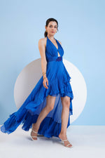 BlUE HALTER NECK  DRESS WITH EMBROIDERY AT WAIST