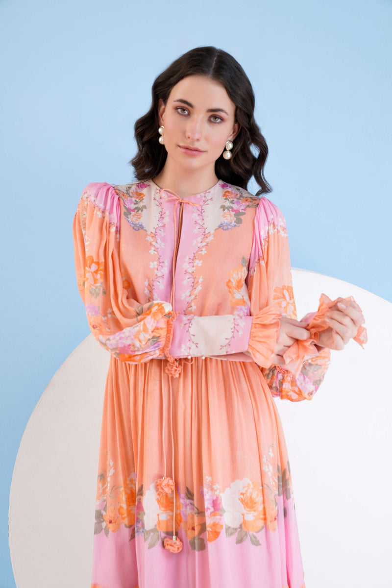 ORANGE CORSAGE PRINTED CALF LENGTH CHIFFON DRESS