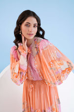 ORANGE CORSAGE PRINTED CALF LENGTH CHIFFON DRESS