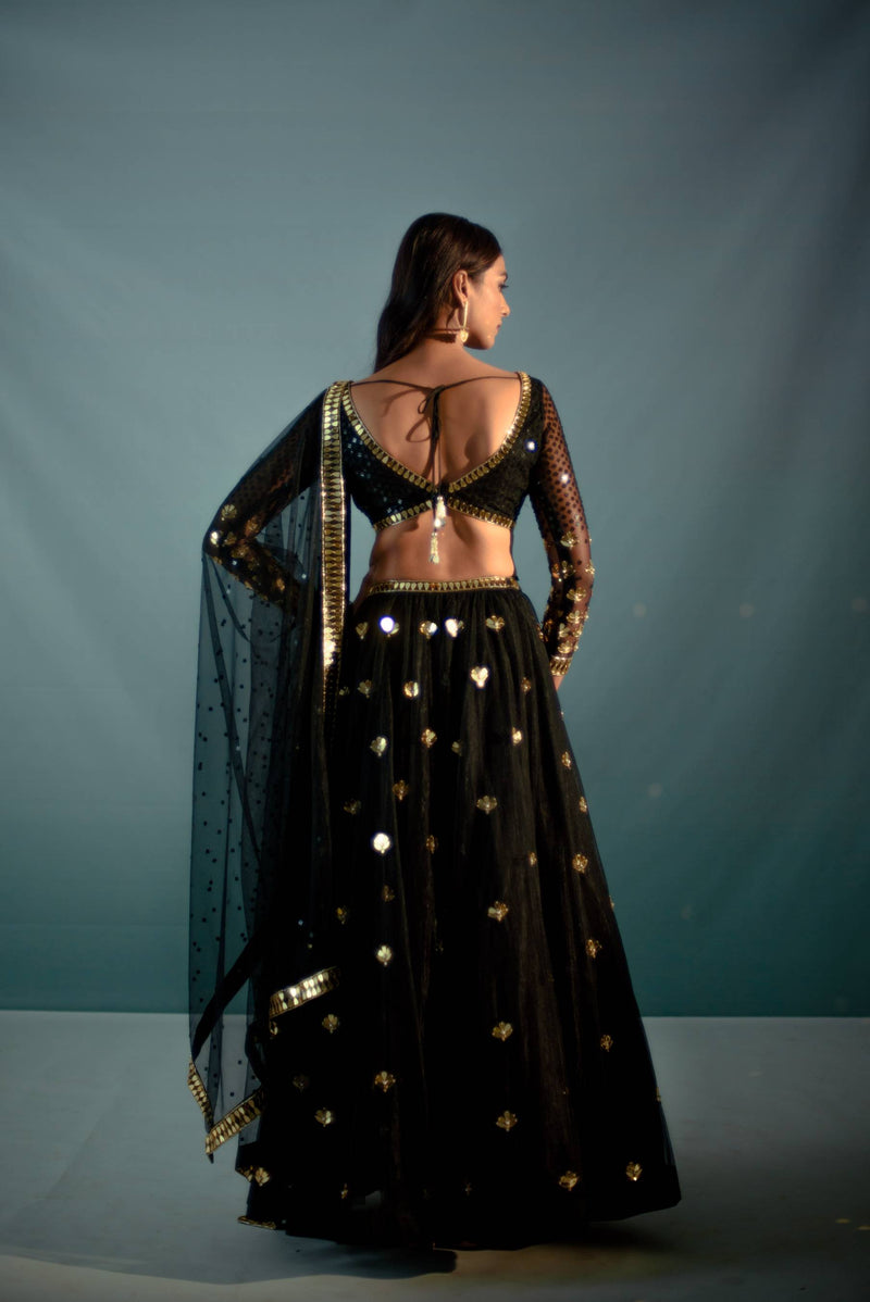 Black acrylic work lehenga set