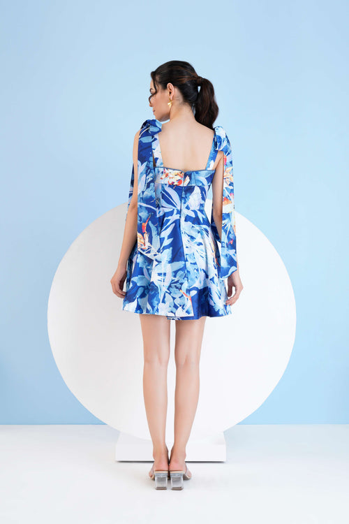 PRINTED SHORT DRESS WITH KNOTTED STRAPS