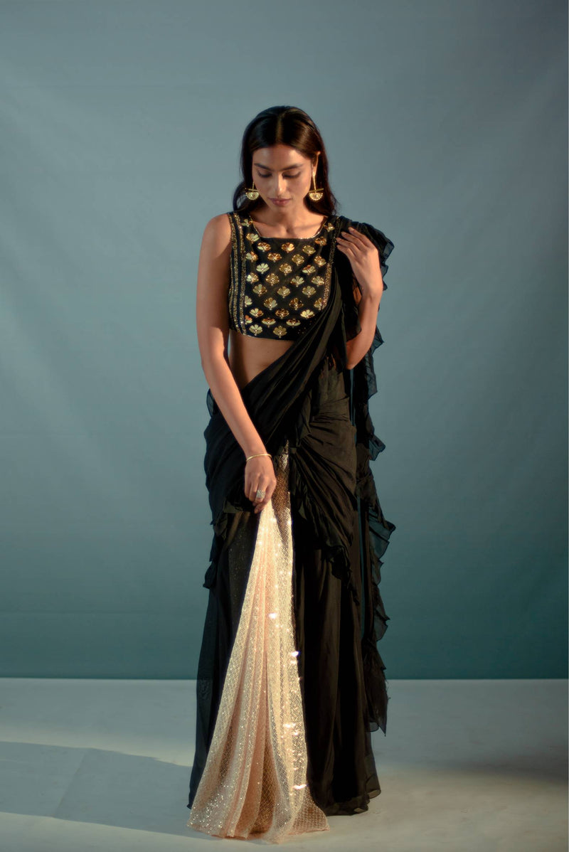 Black acrylic work ruffle saree set