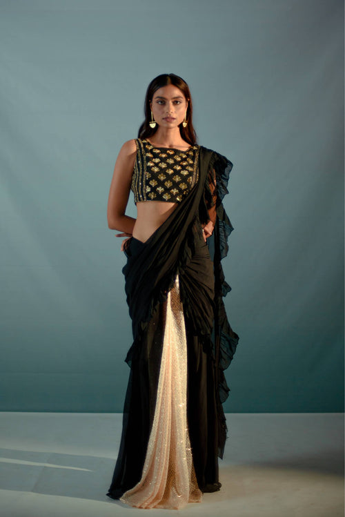 Black acrylic work ruffle saree set