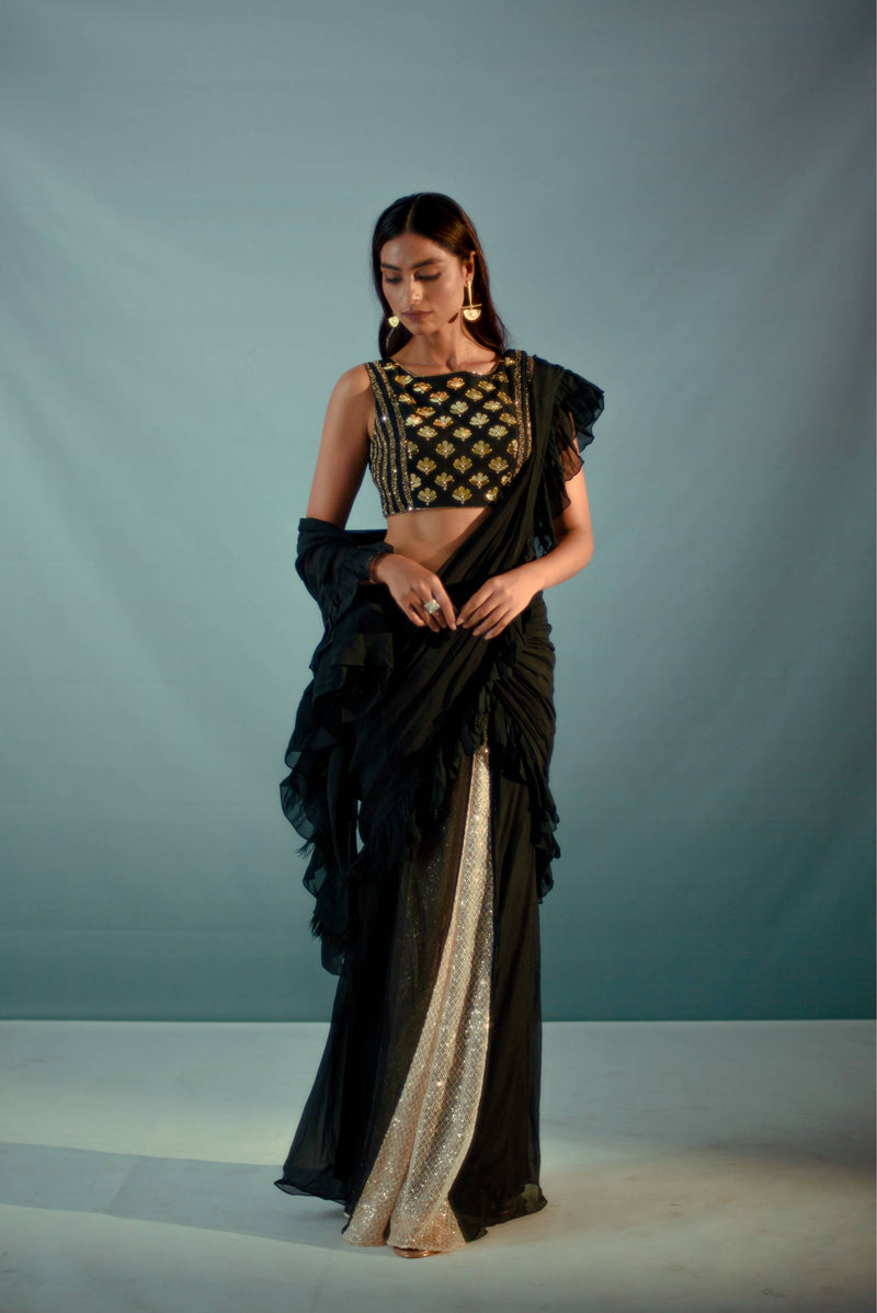 Black acrylic work ruffle saree set