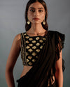 Black acrylic work ruffle saree set