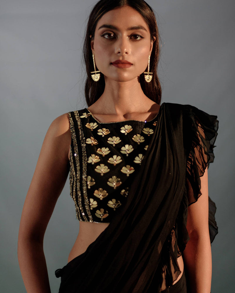 Black acrylic work ruffle saree set