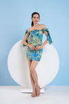 PRINTED SHORT FITTED DRESS WITH KNOTTED ELASTIC STRAPS