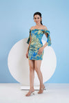 PRINTED SHORT FITTED DRESS WITH KNOTTED ELASTIC STRAPS