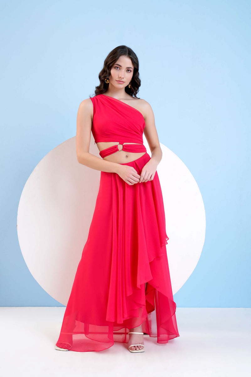 RED ONE SHOULDER HIGH LOW DRESS WITH WAIST CUTOUT