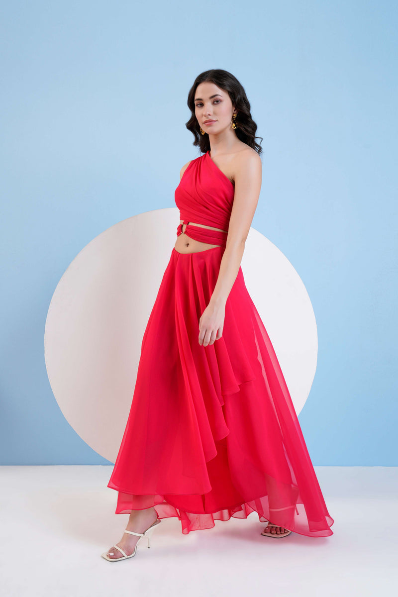 RED ONE SHOULDER HIGH LOW DRESS WITH WAIST CUTOUT