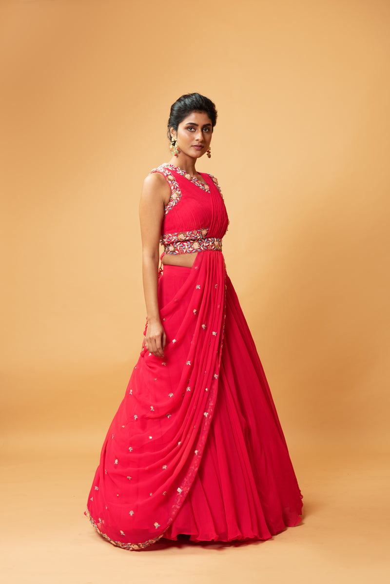 Draped lehenga with georgette fabric and pure handwork