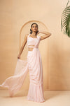 Baby pink pre-stitched drape saree.