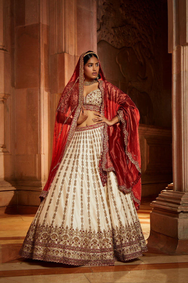 IVORY TAFETTA  BRIDAL LEHEHENGA CHOLI SET WITH RED DUPATTA