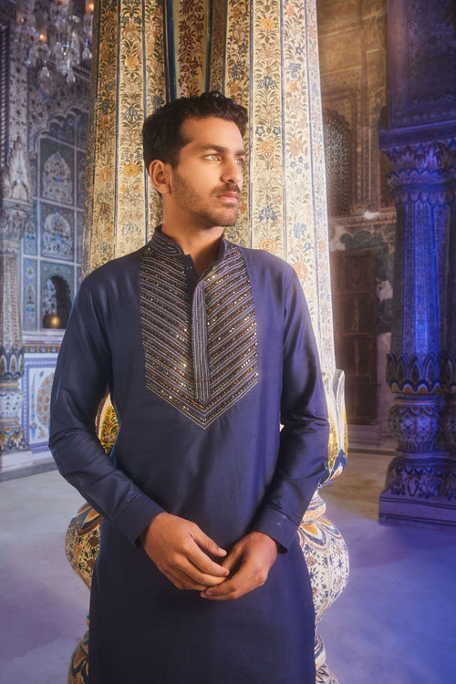 Dark blue placket embroidered kurta set