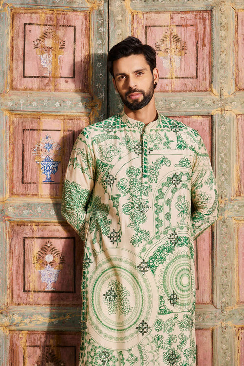 DARK GREEN THIKRI PRINT & HIGHLIGHTED KURTA SET