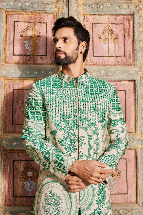 DARK GREEN THIKRI PRINT & HIGHLIGHTED LONG JACKET SET