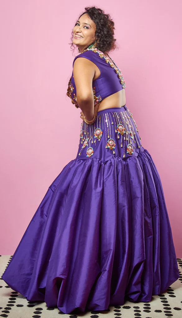 DON'T ASK, DON'T TELL - VIOLET EMBELLISHED FULL LEHENGA SET