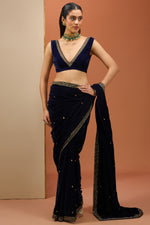 Blue Velvet Saree Set