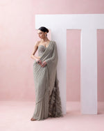 GREY-GREEN PRE-STITCHED SWOROWSKI SARI WITH FEATHER AANCHAL AND EMBROIDERED CORSET