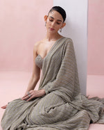 GREY-GREEN PRE-STITCHED SWOROWSKI SARI WITH FEATHER AANCHAL AND EMBROIDERED CORSET