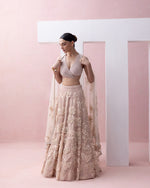 PEACH LACE LEHENGA WITH 3D APPLIQUES AND TIE UP BLOUSE WITH TULLE DUPATTA