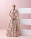 PEACH LACE LEHENGA WITH 3D APPLIQUES AND TIE UP BLOUSE WITH TULLE DUPATTA