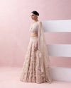 PEACH LACE LEHENGA WITH 3D APPLIQUES AND TIE UP BLOUSE WITH TULLE DUPATTA