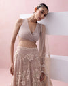 PEACH LACE LEHENGA WITH 3D APPLIQUES AND TIE UP BLOUSE WITH TULLE DUPATTA