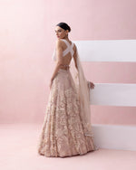 PEACH LACE LEHENGA WITH 3D APPLIQUES AND TIE UP BLOUSE WITH TULLE DUPATTA