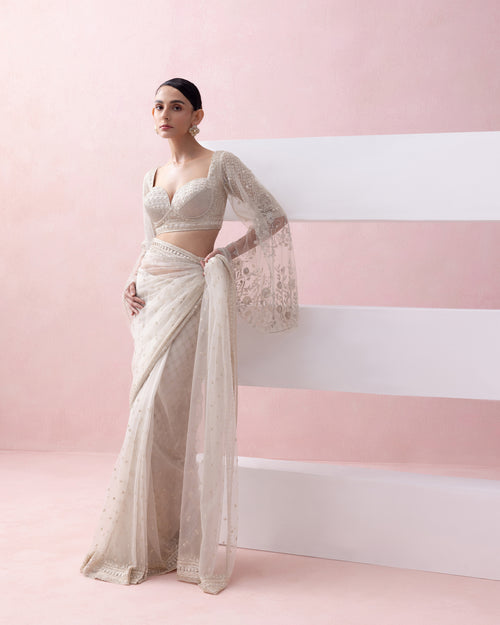 IVORY TULLE  PRE-STITCHED SARI WITH UMBERLLA SLEEVE BLOUSE