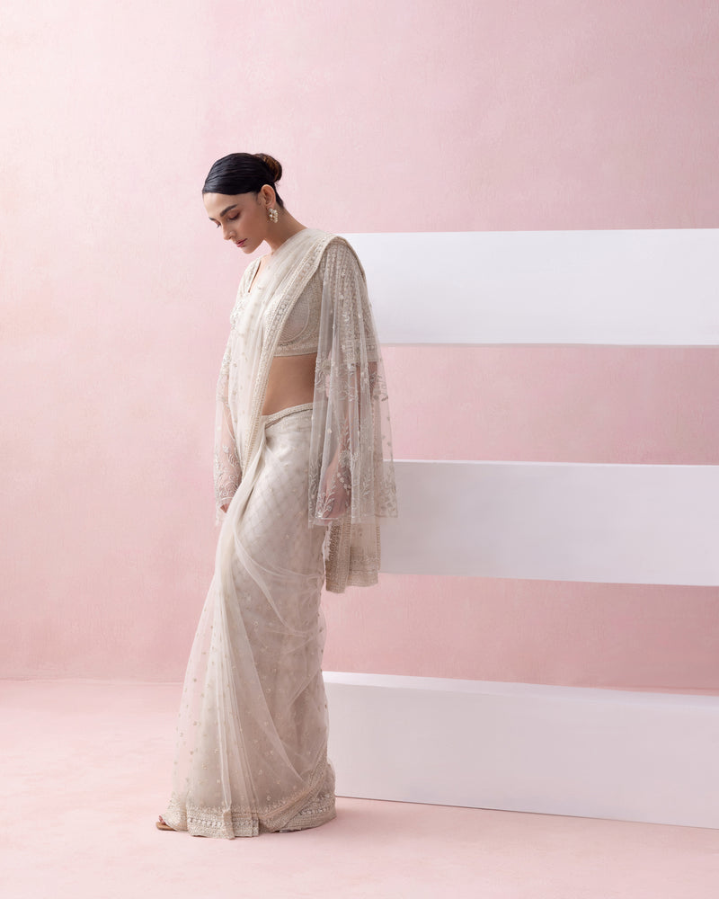 IVORY TULLE  PRE-STITCHED SARI WITH UMBERLLA SLEEVE BLOUSE