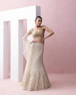 IVORY AND GOLD FISHTAIL LEHENGA SET WITH ORGANZA APPLIQUE AND CRYSTALS