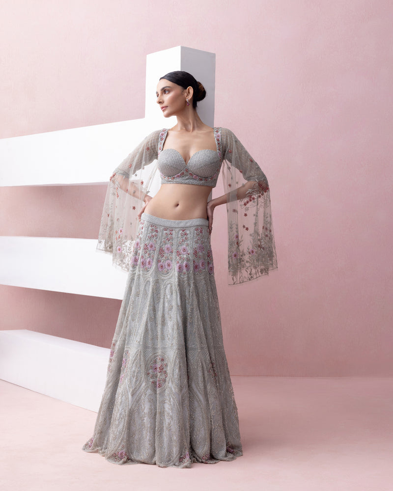 BABY BLUE BAGH LEHENGA WITH UMBRELLA SLEEVE BLOUSE