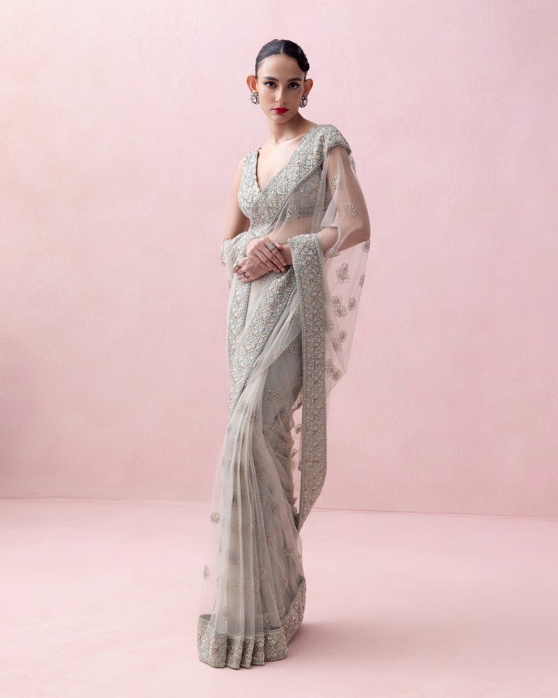 MINT GREEN TULLE SARI WITH ORGANZA BORDER AND THREADWORK BLOUSE